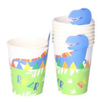 Feestbekers met hoesjes - 8x - dinosaurus - groen - papier - themafeestje - verjaardag - 250ml