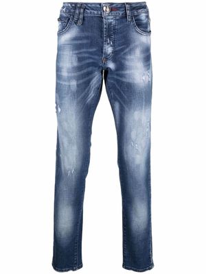 Philipp Plein jean droit à effet usé - Bleu