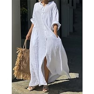 Dames Witte jurk Shirtjurk Witte katoenen jurk Maxi-jurk Linnen Zak Klassiek Casual Dagelijks Vakantie Overhemdkraag 3/4 mouw Zomer Lente Herfst Zwart Wit Effen Lightinthebox