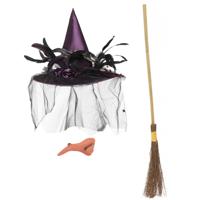 Smiffys Heksen verkleed set - voor dames - met heksenhoed - haakneus - heksenbezem van 95 cm