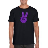 Zwart Flower Power t-shirt paarse glitter peace hand heren - thumbnail