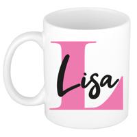 Naam mok Lisa - roze - wit - keramiek - 300 ml - verjaardag/cadeau beker