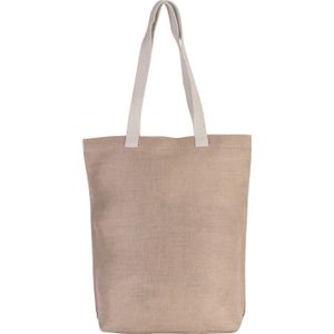 Katoenen schoudertasje in het natural beige met ecru hangsels 38 x 42 cm