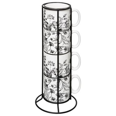 Koffiemokken Flowers - 4x stuks in metalen rekje - Keramiek - glans afwerking - 240 ml - 7 x 8 cm