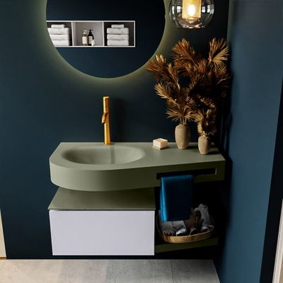 MONDIAZ RIVA 100cm badmeubel onderkast / planchet kleur Cale met 1 lade. Wastafel DULCET links 1 kraangat kleur Army.