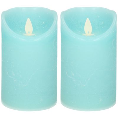 2x Aqua blauwe LED kaarsen / stompkaarsen met bewegende vlam 12,5 cm