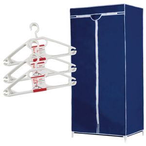 Set van mobiele opvouwbare kledingkast met blauwe hoes 160 cm en 15x plastic kledinghangers wit