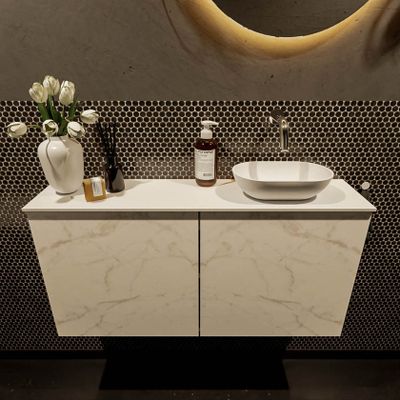 Mondiaz Fowy toiletmeubel 100cm Carrara met blad en waskom talc rechts zonder kraangat