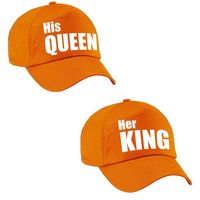 Kadopetten Her King en His Queen oranje met witte letters voor koppels / bruidspaar volwassenen - Verkleedhoofddeksels - thumbnail