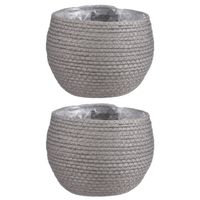 2x stuks naturel grijs rotan planten pot mand van gedraaid jute/riet H15 en D18 cm - Plantenpotten