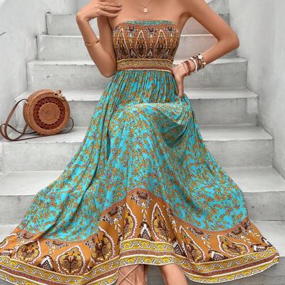 Floral Print Strapless Maxi Dress - Boho Shirred Vacation Outfit S