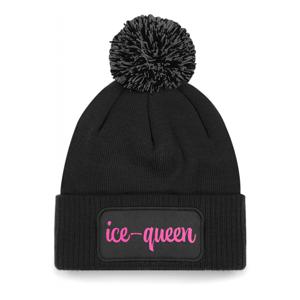 Wintersport muts met pompom - Ice Queen - zwart - roze glitters - one size - volwassenen - Apres ski