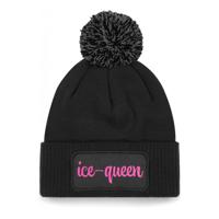 Wintersport muts met pompom - Ice Queen - zwart - roze glitters - one size - volwassenen - Apres ski