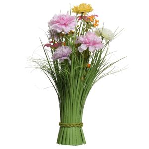 Kunstgras boeket bloemen - anjers - lila paars - geel - H40 cm - lente boeket