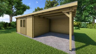 Classicline Blokhut Friesland vuren groen geïmpregneerd 400x300 cm + overkapping 300 cm- Lessenaarsdak- - Van Kooten