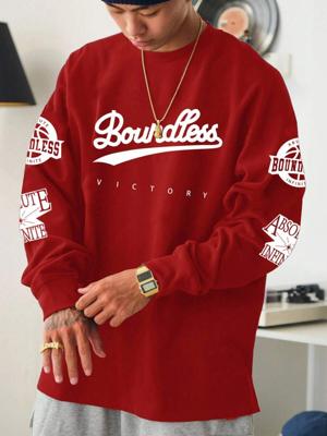 Men's Letter Print Sweatshirt - Dark Green Loose Fit Casual Top Red_2 / S