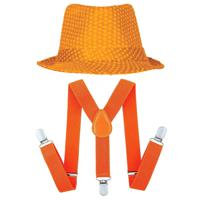 Carnaval verkleedset Partyman - glitter hoedje en bretels - oranje - heren - verkleedkleding