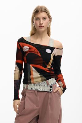 Bedrukte T-shirt met knopen - BLACK - M