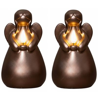 Anna's Collection LED kaars engel - 2x - brons - 14 x 8 cm - met timer - op batterijen - kerst