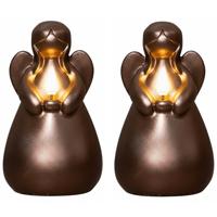 Anna's Collection LED kaars engel - 2x - brons - 14 x 8 cm - met timer - op batterijen - kerst