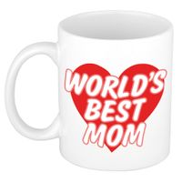 Worlds best mom cadeau mok / beker wit met rood hartje - Moederdag / verjaardag mama   -