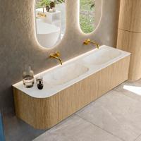 Mondiaz KURVE-DLUX 165 cm Onderkast Greeploos 2 Lades Met Deuren Oak, Wastafel Solid Surface Rechts Opalo 0 Kraangaten Zonder Spiegel (KRVSTS165L2L1D0KD-Oak/Opa)