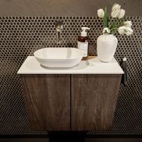 Mondiaz Fowy toiletmeubel 60cm dark brown met blad en waskom talc links zonder kraangat