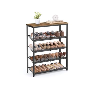 Schoenenrek 5 niveaus met verstelbare roosterplanken, Honingbruin + inktzwart / 5 niveaus (28D x 93H cm)