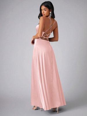 Bon&Bon Lilac Satin Bridesmaid Dress | Cowl Neck Maxi Gown with Split Pink / XL
