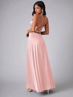 Bon&Bon Lilac Satin Bridesmaid Dress | Cowl Neck Maxi Gown with Split Pink / XL