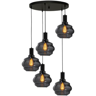 Masterlight 5-lichts vide hanglamp - zwart -Porto met Ball smoke glazen - Ø 24cm - 2712-05-05-50-5-3