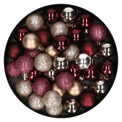 Kunststof kerstballen 40x - champagne en aubergine paars - 3 cm - mix matte glanzend glitter