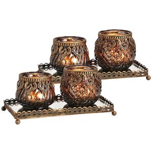 Set van 2x stuks glazen design windlicht/kaarsenhouder 2x stuks set in het zwart goud 20 x 9 x 10 cm