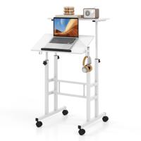 Mobiele Sta-bureau in Hoogte Verstelbare Laptoptafel met Gedeeld Blad & Verstelbare Hoek Verrijdbaar Bureau voor Thuiswerken Wit