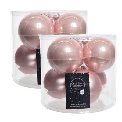 Decoris Kerstballen - glas - 12x stuks - lichtroze - 8 cm - kerstversiering
