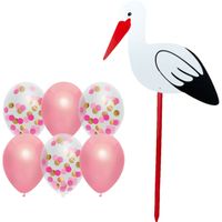 Geboorte versiering meisje - ooievaar geboorte bord - 100 cm hoog - 6x roze ballonnen