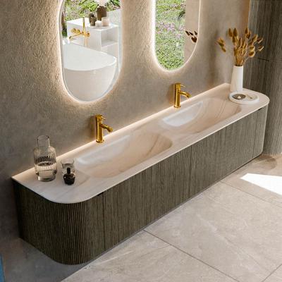 Badmeubel Mondiaz Kurve-Dlux | 200 cm | Meubelkleur Shadow | Wastafelkleur Meli | Solid surface | Wasbak beide zijden spoelbak | 2 kraangaten