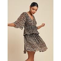 Mini-jurk van chiffon met luipaardprint en v-hals