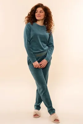 Charlie Choe dames pyjama Velours - Teal Green - Warme winter pyjama dames