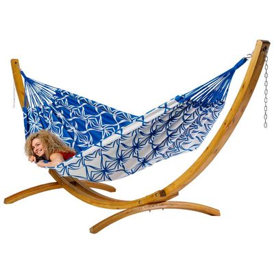 Familie hangmat met houten standaard - 400x180cm - Blauw - 200kg draagkracht- 100% katoen - binnen & buiten