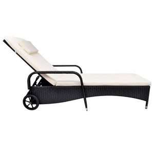 The Living Store Ligstoel Rattan - Terras/Tuin - 198x66x(30-98) cm - Verstelbare Rugleuning - Zwart - Crème Kussen