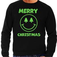 Foute Kersttrui/sweater voor heren - Merry Christmas - smiley - zwart - glitter groen - thumbnail