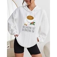 Dames Stoppen Brief Kerstmis Casual Voorvak Zwart Wit Blozend Roze Casual Capuchon Lange mouw Micro-elastisch Herfst winter Lightinthebox
