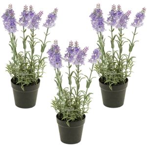 Set van 3x stuks lila paarse lavendel Lavandula kunstplanten in kunststof pot 28 cm