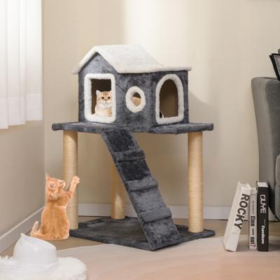 90 cm Hoge Moderne Kattenboom 3-Laagse Speeltoren met Open Dak & Sisalpalen & Klimladder Compacte Kattenmeubels Grijs