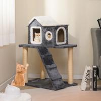 90 cm Hoge Moderne Kattenboom 3-Laagse Speeltoren met Open Dak & Sisalpalen & Klimladder Compacte Kattenmeubels Grijs