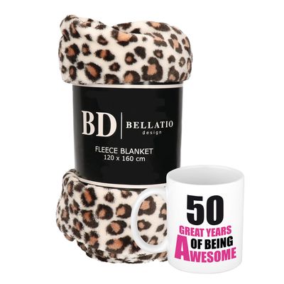 Cadeau verjaardag 50 jaar vrouw set - Fleece plaid/deken luipaard print met 50 great years awesome m