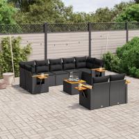 10-delige Loungeset met kussens poly rattan zwart