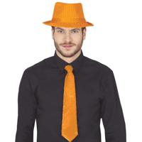 Carnaval verkleed stropdas en hoed - oranje - pailletten - volwassenen - verkleed accessoires - thumbnail