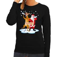Foute kersttrui - sweater - dronken kerstman en Rudolf - na kerstborrel - zwart - voor dames